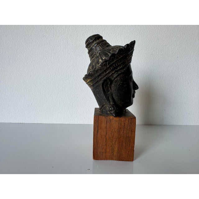 1970’s Vintage Cast Bronze Buddha Head Sculpture on Wood Stand For Sale In Miami - Image 6 of 11