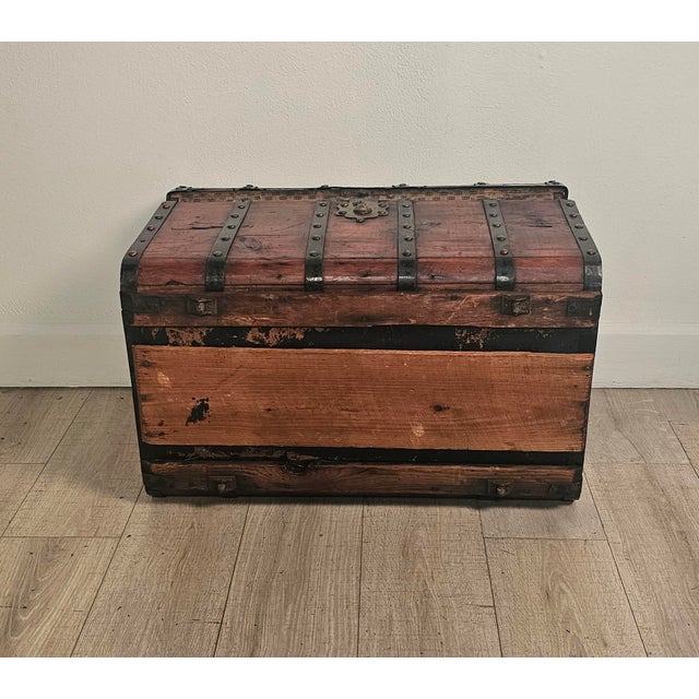 Steamer Trunk in Pine With Metal Straps, Circa 1900 For Sale - Image 12 of 12