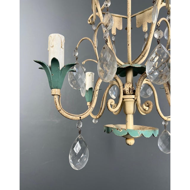 Cream 1940 Mid Century Modern Metal with Crystals Chandelier For Sale - Image 8 of 12