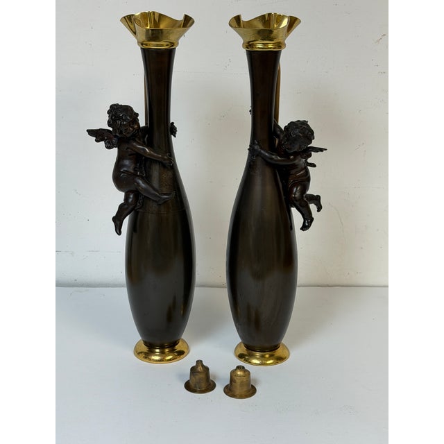 Pair 19th C. Gilt & Patinated Metal Cupid Candlesticks, After Auguste Moreau For Sale - Image 10 of 12