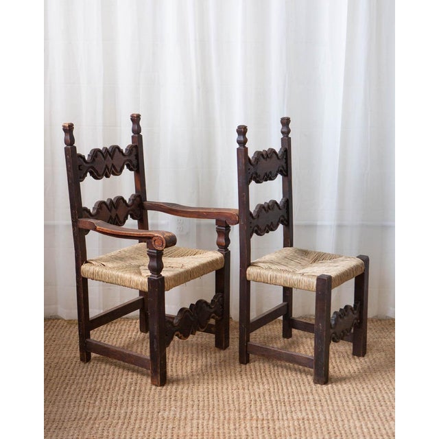 1960s 1960s Mexican Brutalist Wood and Rush Ladderback Dining Chairs - Set of 6 For Sale - Image 5 of 18
