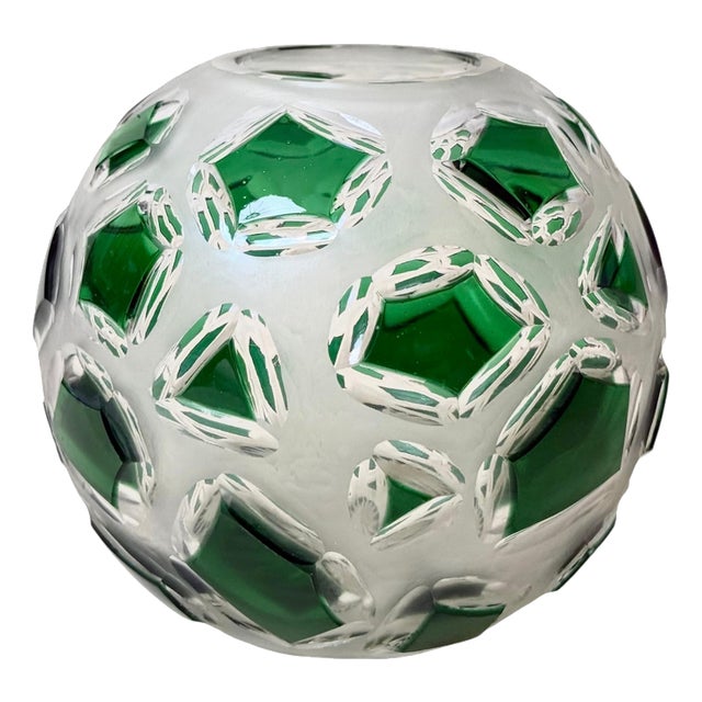 Bohemian Emerald Green Lead Crystal Vase with Hand-Cut Faceted Decorations, 1960s For Sale