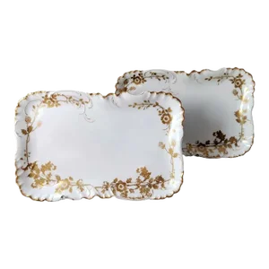 Antique Haviland & Co. Limoges Pair of French Trays White Porcelain and Gold Decoration