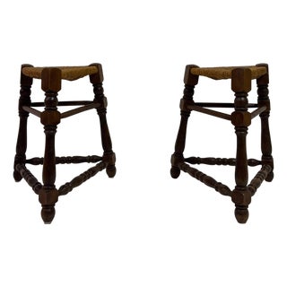 Oak and Rush Stools, 1970s, Set of 2 For Sale