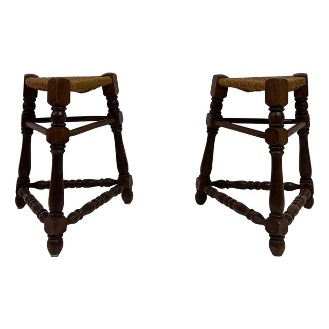 Oak and Rush Stools, 1970s, Set of 2 For Sale