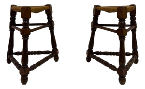 Oak and Rush Stools, 1970s, Set of 2