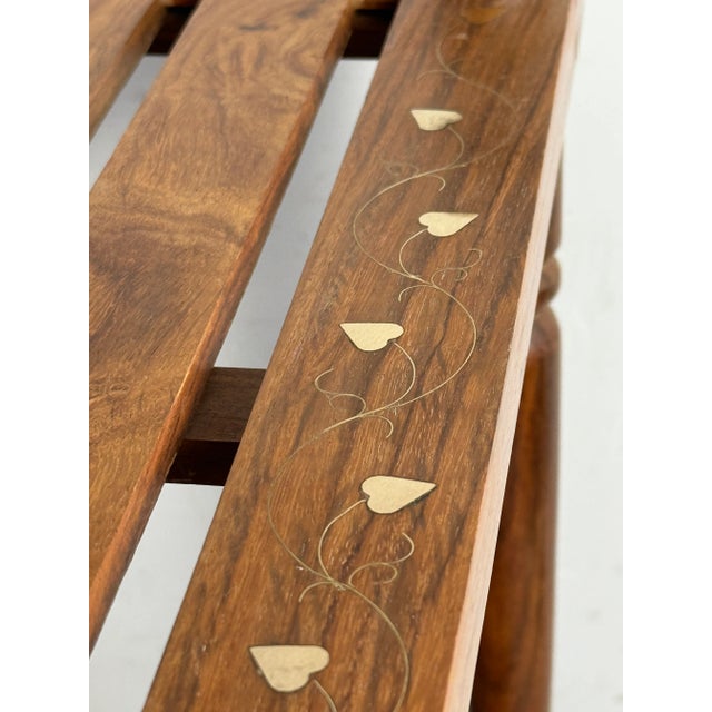 Indian Late 20th Century Pair of 2 Tier Rack Style Tea Tables With Brass Floral Design Inlay For Sale - Image 3 of 11