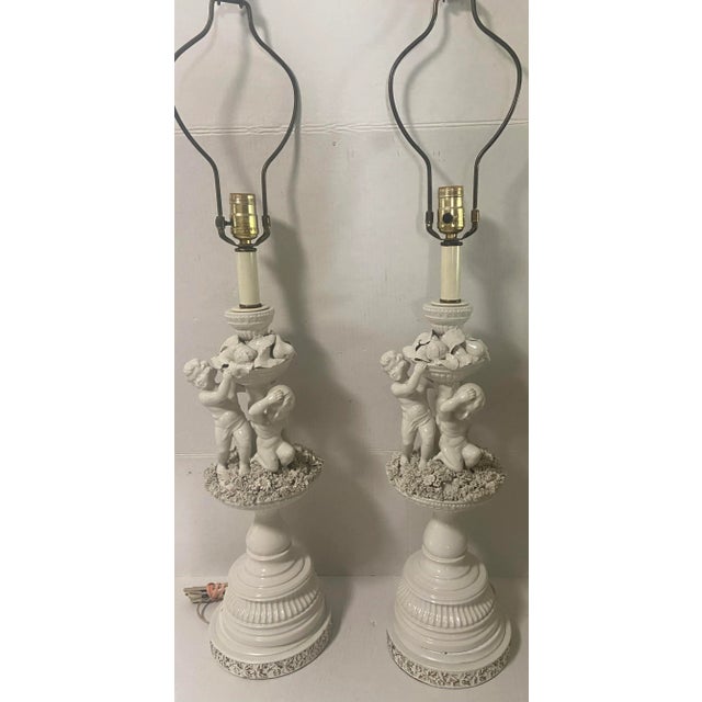 French Neoclassical Blanc-De-Chine Porcelain Cherub Style Lamp a Pair Beautiful lamp White porcelain with Pair Cherubs /...