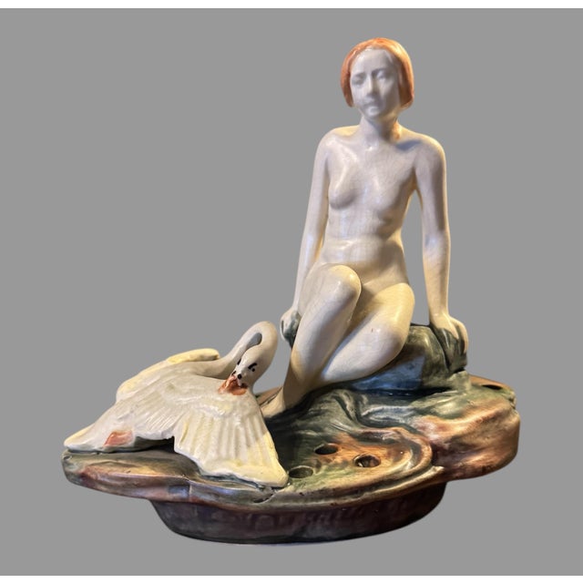 White Vintage Weller Muskota Art Pottery Figural Art Nouveau Leda & Swan Flower Frog For Sale - Image 8 of 9