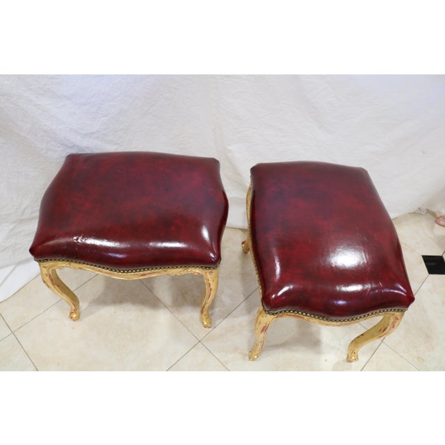 Vintage French Louis XV Ottoman or Stool Ox Blood Red Italian Leather - A Pair For Sale - Image 4 of 5