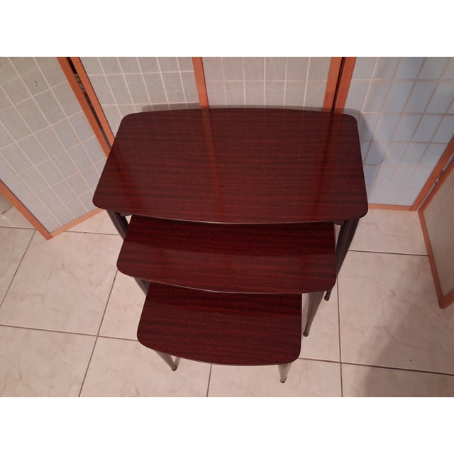 Vintage Mid Century Modern Nesting Tables Set of Three Mahogany With Mahogany Laminate Tops. For Sale - Image 10 of 17
