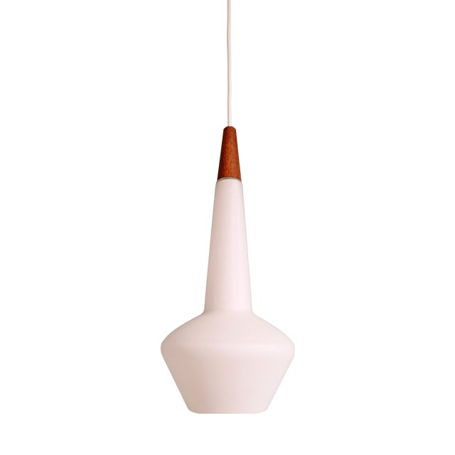 Scandinavian Pendant Light in Satin White Opaline Glass and Teak, 1960s For Sale