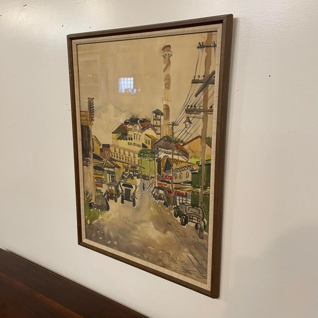 Mid Century Modern Vintage City Scene Water Color Art The paintings frame is glass protected. The frame had a dark food...