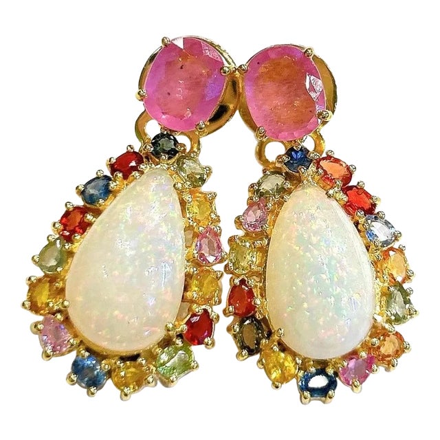 Bochic “Orient” Retro Opal, Ruby & Sapphire Earrings Set In 18K Gold & Silver, 2 pieces For Sale