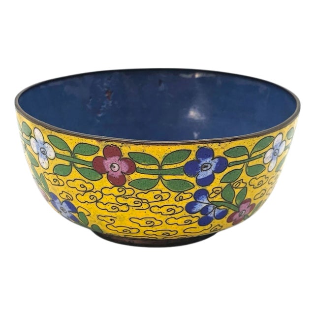 Chinese Cloisonné Enamel Bowl With Yellow Floral Exterior and Blue Interior For Sale