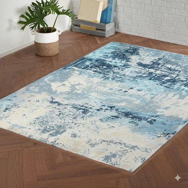 Baby Blue 8x10 Blue Machine Made Wool Coastal Distressed Abstract Modern Carpet Rug For Sale - Image 8 of 8