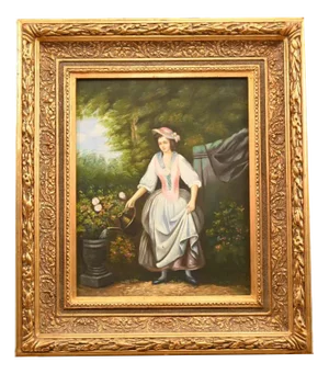 Victorian Style Artist, Gardening Lady Portrait, Oil on Canvas, Framed