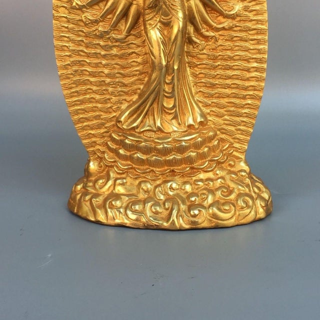 Metal Late 20th Century Gilt Brass Thousand-Armed Avalokiteshvara Sculpture, Standing Lotus Statue For Sale - Image 7 of 9