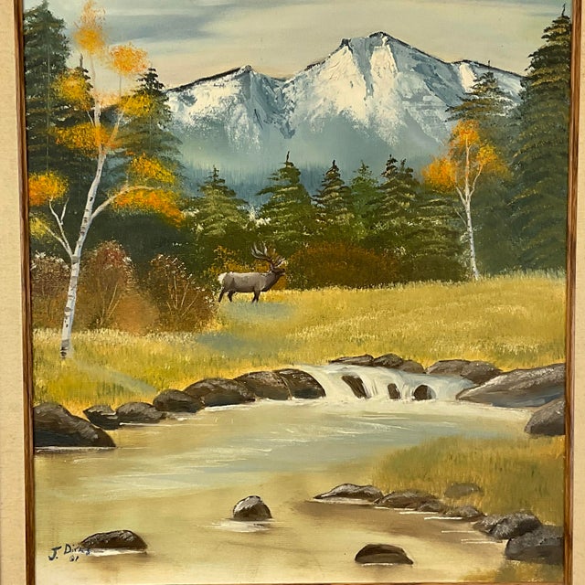 Mid-Century Rustic Americana Elk Wildlife & Scenic Mountain Steam Oil Painting, Signed J. Dirks For Sale - Image 13 of 14