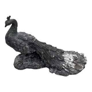 Vintage Cast Iron Peacock Statue - Weathered Architectural Garden Sculpture For Sale