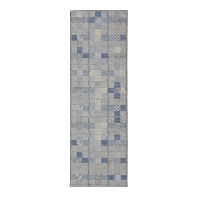 Modern Scandinavian Flat-Weave Runner in Gray, Taupe and Blue With Square Shapes For Sale