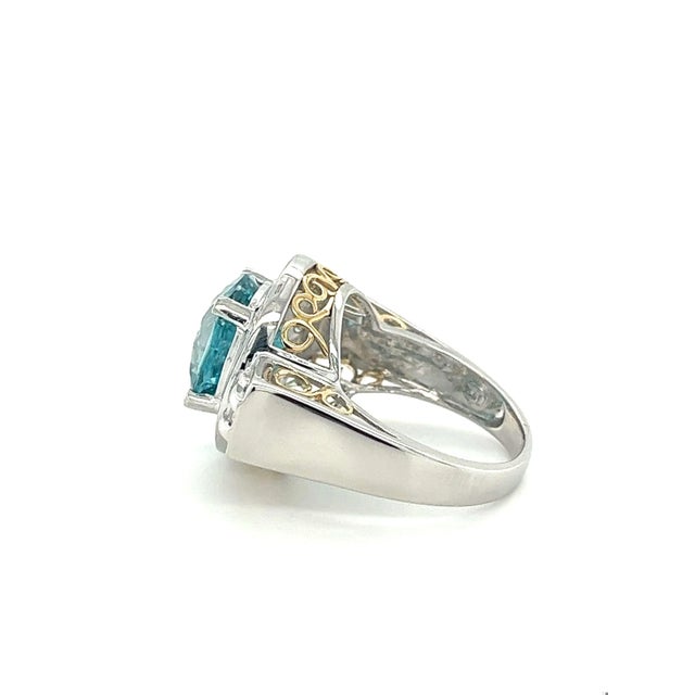 Contemporary Vintage Retro Style 8 Carat Oval Cut Blue Zircon with Diamond Halo in Platinum &, Size 8.25 For Sale - Image 3 of 7
