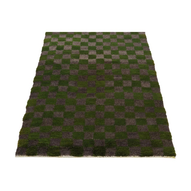 Tribal 1950s Vintage Tulu Tribal Rug in Green, Gray-Brown Geometric Chessboard Pattern For Sale - Image 3 of 6