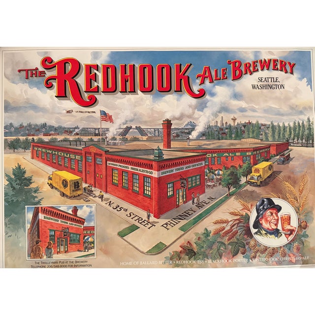 Vintage advertising poster for the Redhook Ale Brewery of Seattle, Washington, featuring a detailed illustrated view of...
