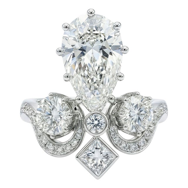 Kai Heirloom Reviva Imperial Crown Pear Diamond Ring – 3.18ct in 14k Gold (All Sizes Available) For Sale