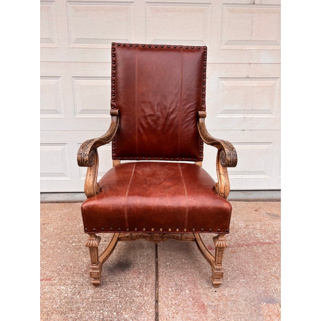 Dark camel colored leather upholstery and crackling almond-cream paint define this beautiful office chair. The leather...