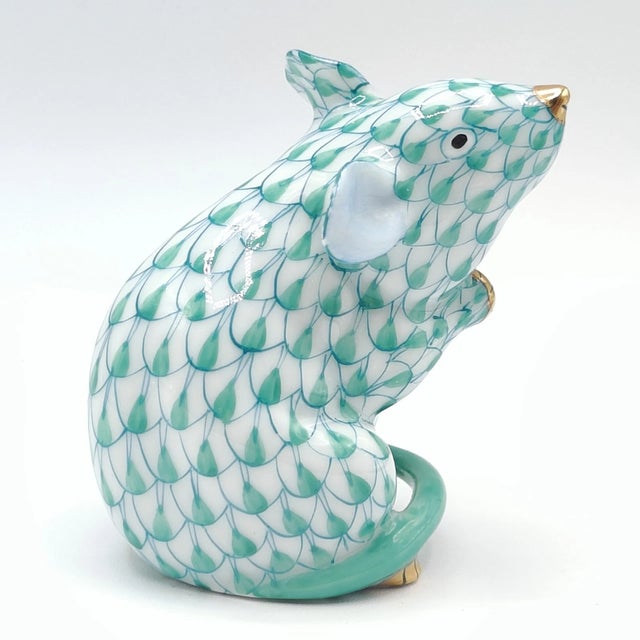 Charming and collectible Herend porcelain mouse figurine featuring the iconic Green Fishnet pattern with delicate 24K gold...