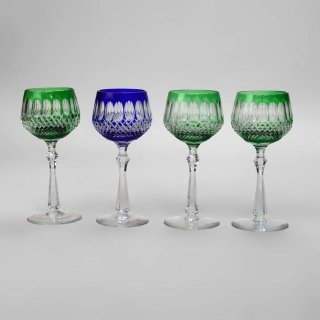 Art Nouveau Antique Bohemian Cut to Clear Crystal Wine Stem Glasses: Emerald & Cobalt - Set of 4 For Sale - Image 3 of 6
