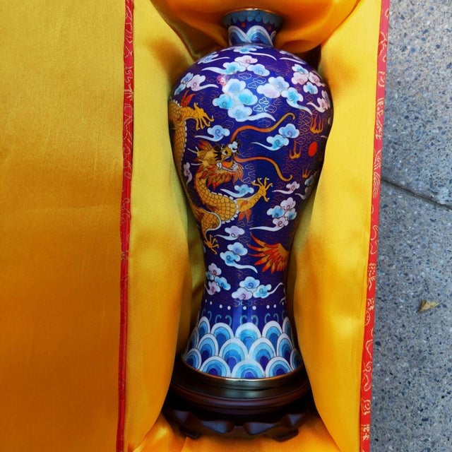 This is a striking vintage cloisonné enamel vase, crafted in the classic meiping form. The vase features a slender,...