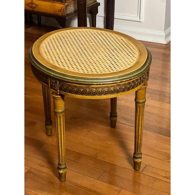 French Louis XVI Style Tabouret Stool With Cane Top and Green Painted Accents, Early 20th C. For Sale - Image 4 of 18