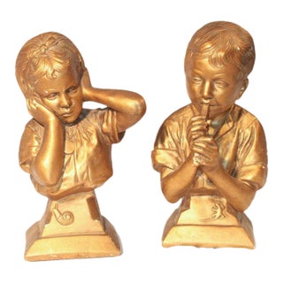 1970s Signed and Marked Emmanual Villanis Bookend Busts- Set of 2 For Sale