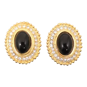 Vintage 1980s Signed Alexis Kirk Oval Goldtone Faux-Onyx Cabochon Clip Earrings - 2 Pieces