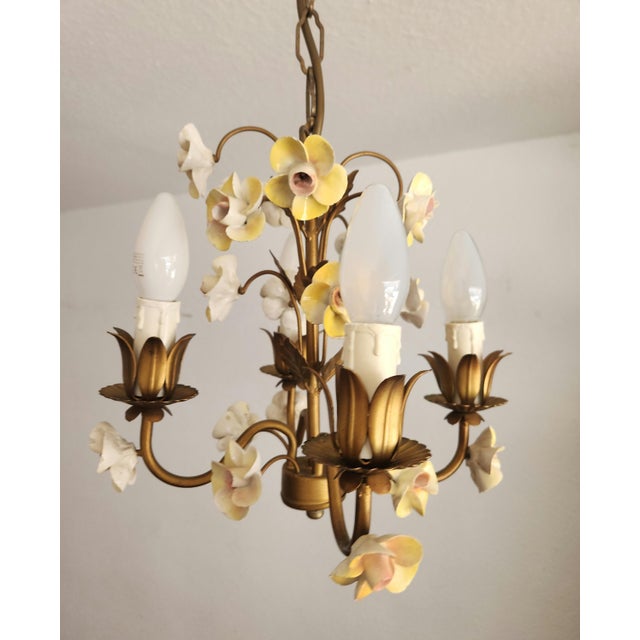 Vintage Shabby Chic Florentine Pendant Lamp Four-Armed with Gold-Tone Porcelain Roses, 1960s For Sale - Image 12 of 18