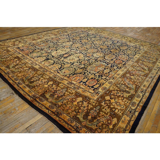 1880s Blue Navy Floral Traditional Antique Persian Bibikabad Rug 12'4'' X 14'2'' Hand Knotted Wool Carpet For Sale - Image 17 of 18