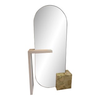 Wood Shelf and Marble Cube Mirror For Sale