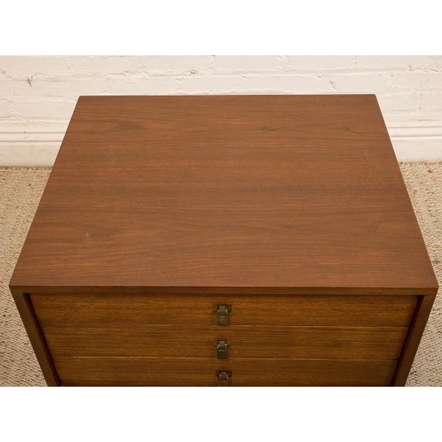 Vintage Walnut Three-Drawer Nightstand With Brass Campaign Hardware For Sale In Los Angeles - Image 6 of 12