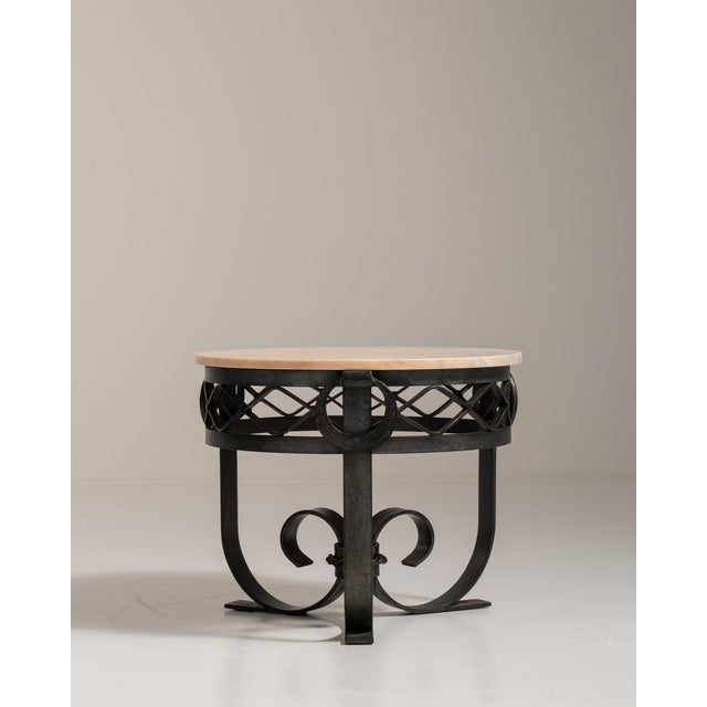 1920s 1920-1929 France Warm White Marble Wrought Iron Scroll-Base Table For Sale - Image 5 of 11