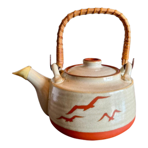 Vintage Mid-Century Modern Otagiri Japan Stoneware Seagull-Rattan Handle-Ceramic-Coastal Teapot