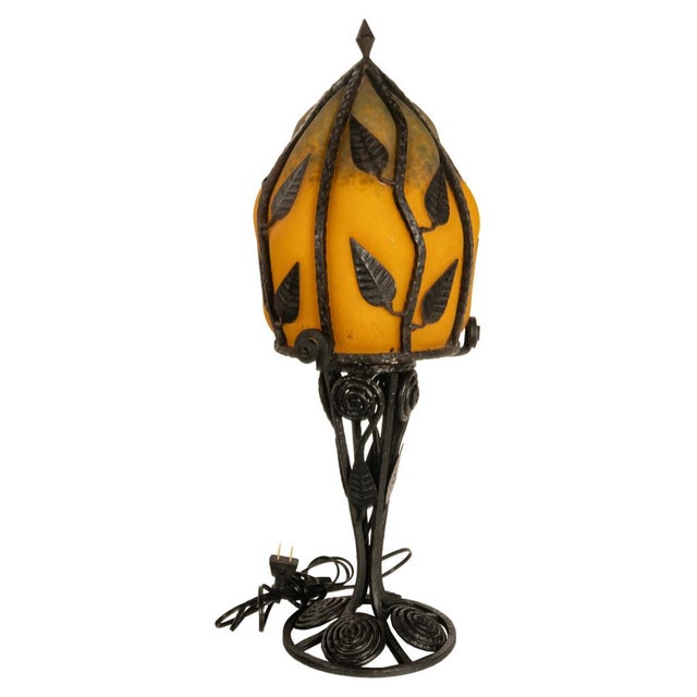 Large Antique French Art Deco Daum Glass & Edgar Brandt Iron Table Lamp 1920s For Sale - Image 11 of 14
