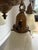 1910s-20s brass 4-light chandelier w/ satin glass light globes. Some patina to metal throughout as shown. Otherwise...