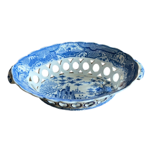 Antique Staffordshire Pearlware Blue Transfer "Gothic Castle" Chestnut Basket, Attributed to Spode, Circa 1820s