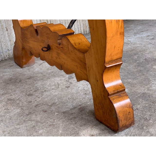 20th Century Spanish Cyprees Lyre Legs Trestle Dining Farm Table For Sale - Image 9 of 18