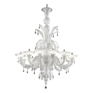 White Venetian Ca Rezzonico Murano Glass Chandelier with Clear Glass Drops by Simoeng for Simoeng For Sale