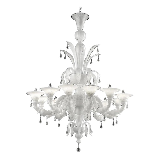 White Venetian Ca Rezzonico Murano Glass Chandelier with Clear Glass Drops by Simoeng for Simoeng For Sale
