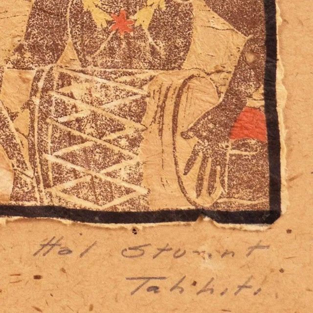 Signed lower right, "Hal Stuart" and inscribed "Tahiti". Color woodblock print showing a Tahitian dancer in traditional...