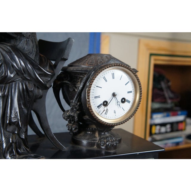 Metal Antique French 19th Century Japy Fil Classical Figure Bronze Slate Marble Mantel Clock For Sale - Image 7 of 12